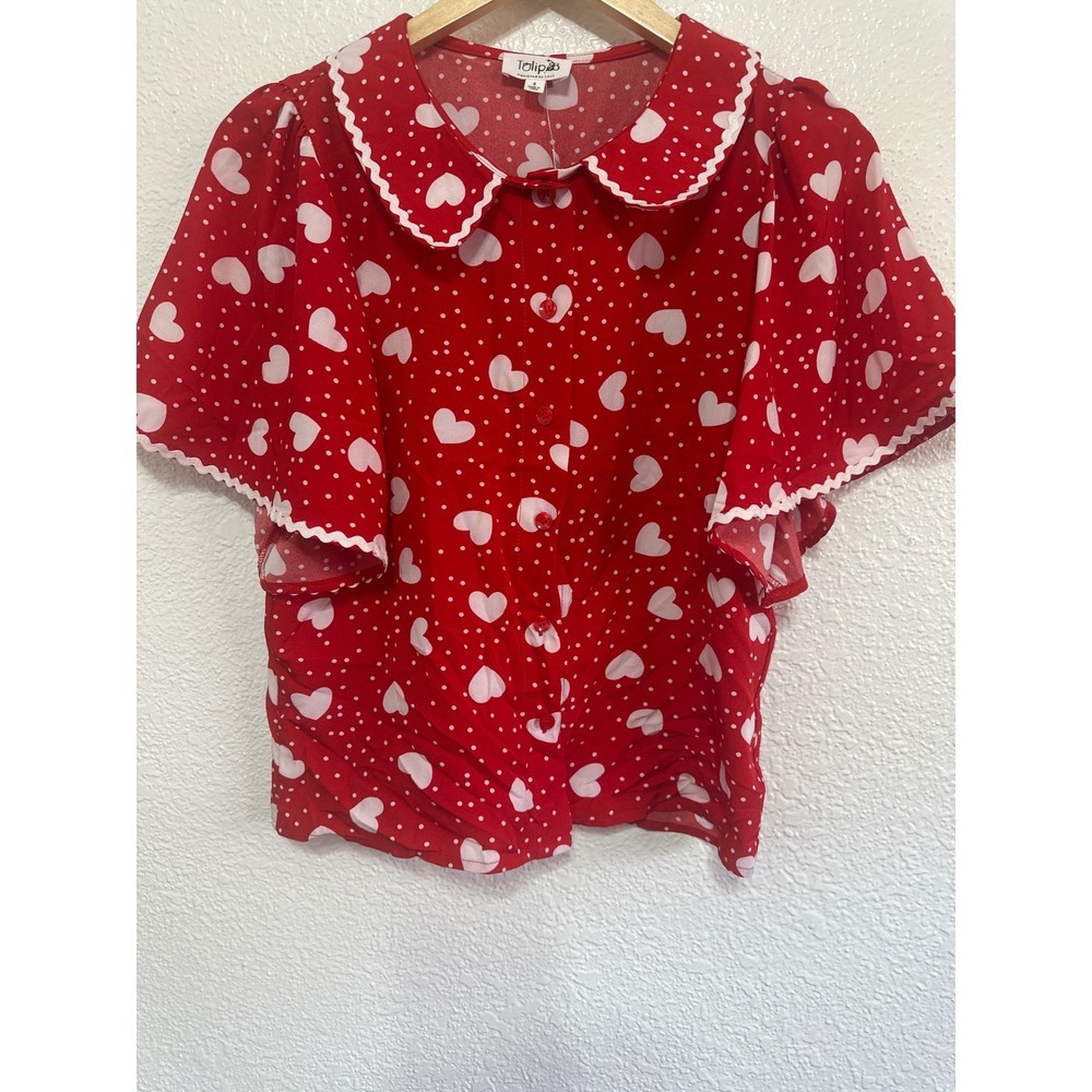 NWT Tulip B Red Heart Polka Dot Peter Pan Collar Ric-Rac Flutter Sleeve Blouse S